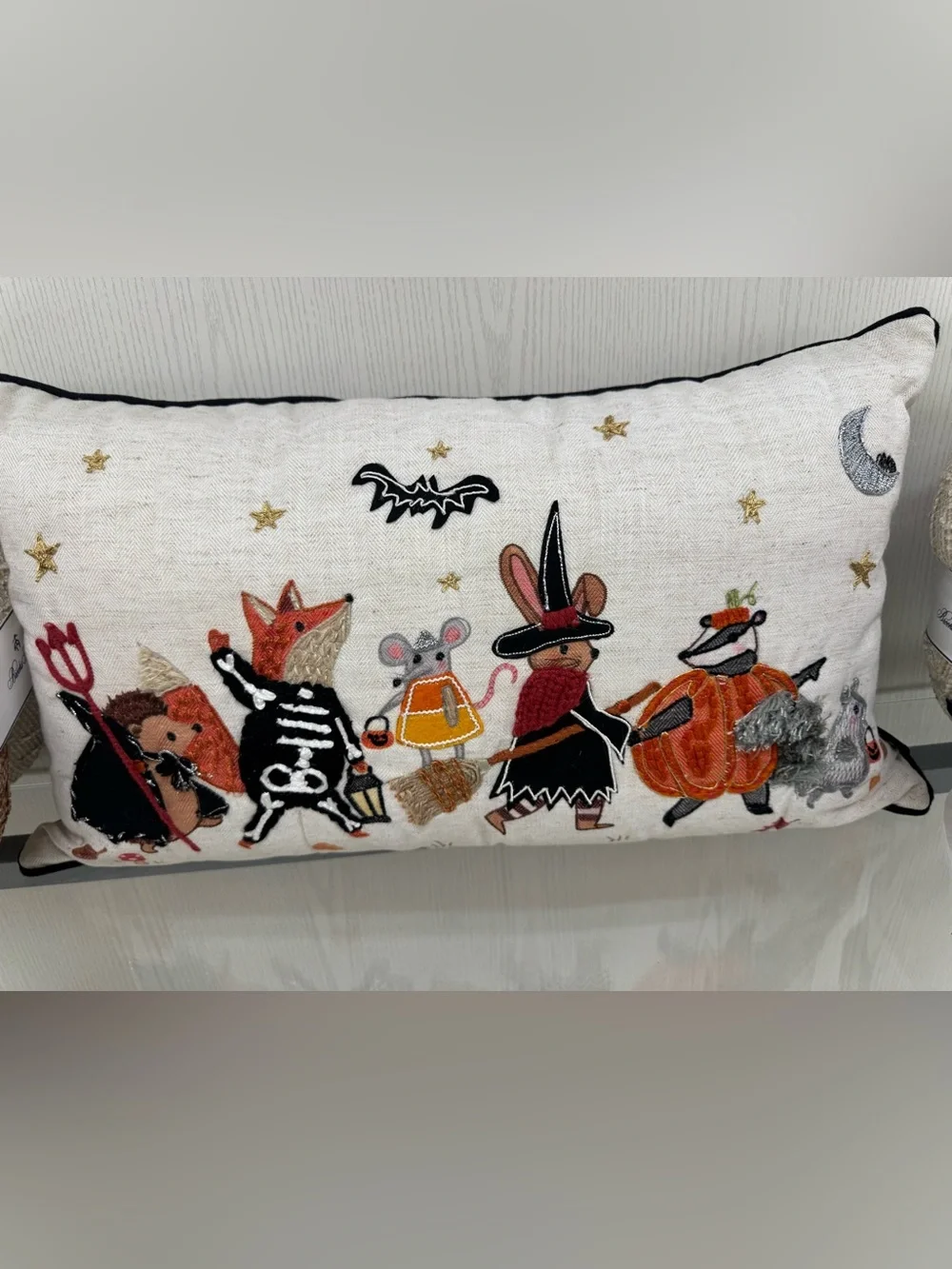 Halloween Animal Parade Embroidered Pillow - Orange, Black, White, Gold Accents